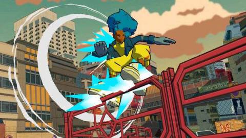 A character grinds on a rail in a screenshot from Bomb Rush Cyberfunk