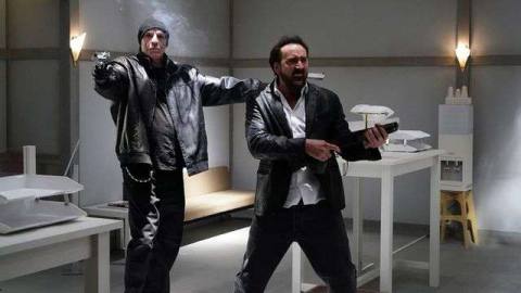 Nick Cassavetes and Nic Cage hold up an all-white bank in Prisoners of the Ghostland