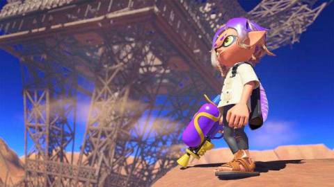 an inkling with purple hair and ink gun surveys a post-apocalyptic wasteland.