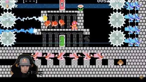 A screenshot of the streamer, GrandPOOBear beating a level filled with enemies.