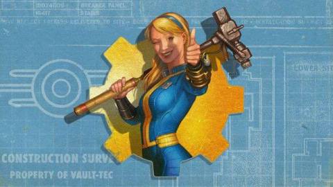 A blond woman holding a power hammer stands dressed in a blue and yellow jumpsuit.