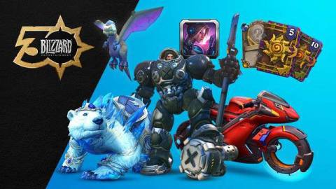 Artwork for Blizzard Entertainment’s 30th anniversary cosmetics, including a WoW mount, Raynhardt skin, and Tracer’s bike.