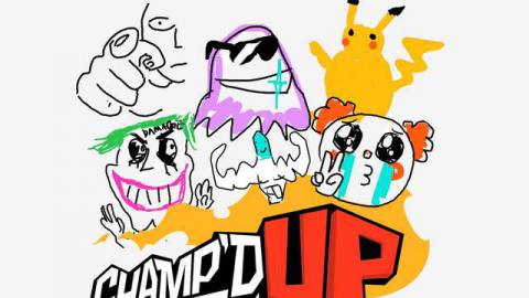 A group of hand drawn characters including a squid thing with sunglasses, a satirical joker, a crying clown emoji and a crude Pikachu hover over Champ’D Up logo