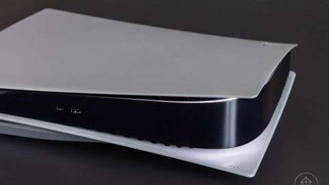 The PlayStation 5 laying on its side, turned off