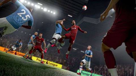 Virgil van Dijk of Liverpool FC going up for a header in FIFA 21