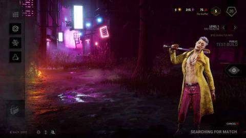 Dead By Daylight - the Trickster, a handsome young Korean man in a bright yellow jacket over a bare chest and pink pants, poses with a bat over his shoulder.