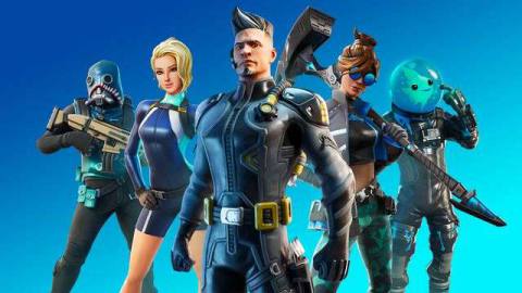 Five characters from Fortnite on a blue background