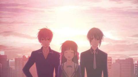 tohru standing with yuki and kyo against a setting sun in Fruits Basket 