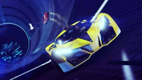 GTA Online - A player in a bright yellow race car races down a tunnel, followed by a competitor in a red sports car