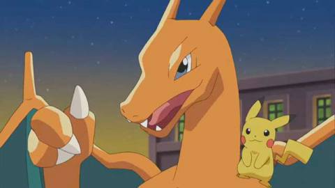 Charizard giving a thumbs up with a pikachu on its shoulder