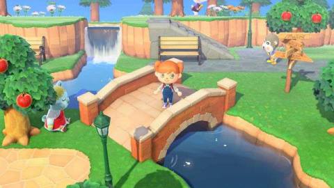 A villager stands on a stone bridge in a screenshot from Animal Crossing: New Horizons