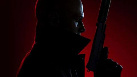 Hitman 3 artwork: a profile shot of Agent 47 holding up a silenced pistol with a red light shining from behind him