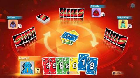 An image of a virtual game of Uno. You can see one hand and the blue number one card is selected. 