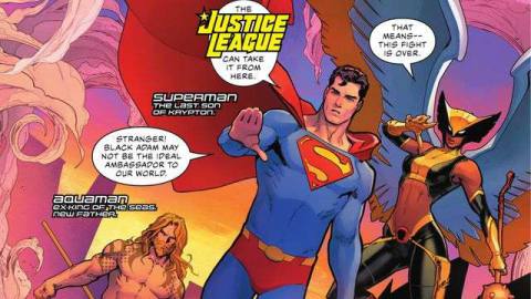 “The Justice League can take it from here,” Superman says as he, Hawkgirl, and Aquaman arrive on the scene in Justice League #59, DC Comics (2021).