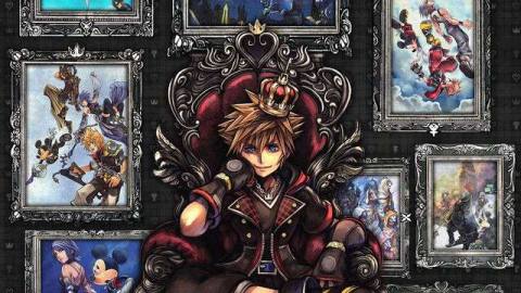 Cover art of Kingdom Hearts: The Story So Far, featuring Sora on a throne.