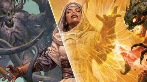 A planeswalker casts a spell with a yellow glow in key art for Angel’s Grace, a card from Time Spiral Remastered.