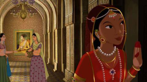 A smiling Indian woman in red in Netflix’s Bombay Rose steps out of a bright golden hallway into a darker alcove