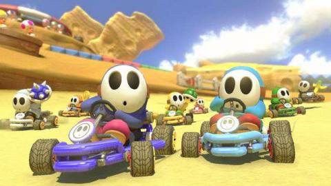 Shy Guys race in a screenshot from Mario Kart 8 Deluxe