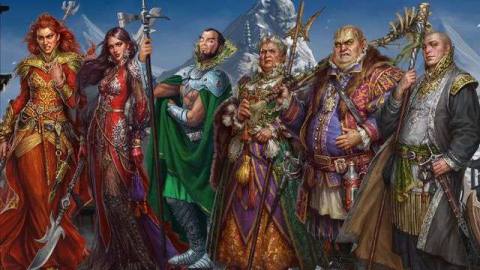 Six Runelords pose for a team picture before a snowy mountain. They look a bit perturbed.