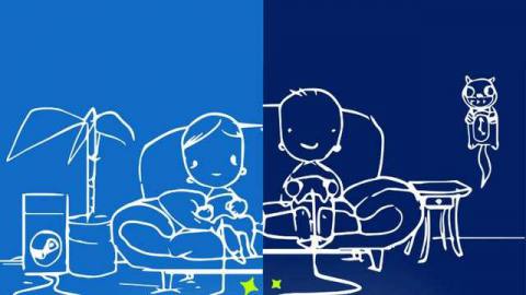 cartoon illustration of two friends sharing a game on a couch