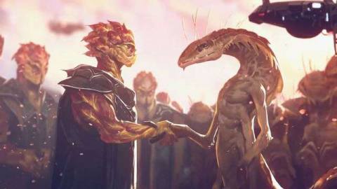 Peace between alien races, one made of rocks and the other a snake-like multi-armed humanoid.