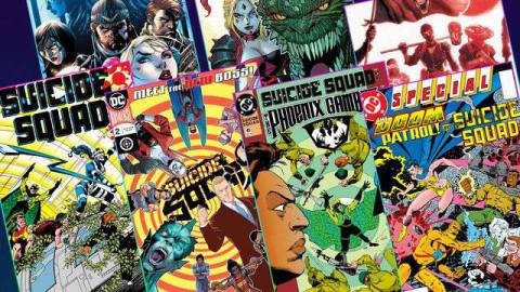 Graphic layout of seven different comic book covers featuring Suicide Squad