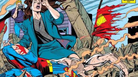 Superman’s body lies in rubble, while Lois Lane and Jimmy Olsen mourn and his tattered cape flutters in the smoke, on the final page of Superman #75, DC Comics (1992).