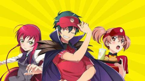 The main cast of The Devil is a Part-Timer standing against a yellow background