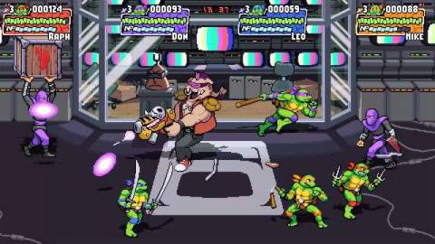 The Teenage Mutant Ninja Turtles tussle with Foot Clan ninjas and Bebop in a screenshot from Shredder’s Revenge