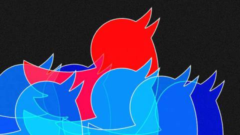 illustration of blue Twitter birds with one red Twitter bird rising above them