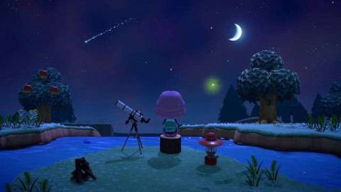 A villager gazes out at a starry nighttime sky by the river in a screenshot from Animal Crossing; New Horizons.