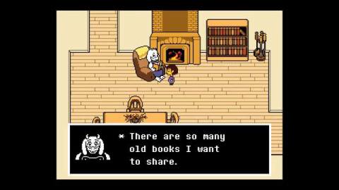 interior of someone’s home in Undertale with two characters conversing, by a fireplace, in written text underneath