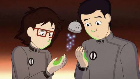 two boys in gray jumpsuits looking at glowing green numbers on their hands in Infinity Train Book 4