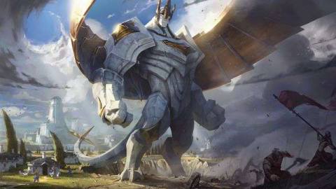 League of Legends - Galio, a white and gold golem that towers over the group of humans around him, stands in the Demacian countryside