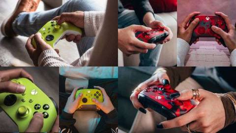 a collage of six photos of the Electric Volt and Daystrike Camo versions of the Xbox Wireless Controller in action