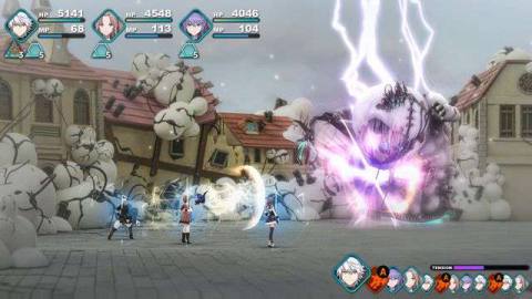 Players battle a giant monster in a screenshot from Fantasian