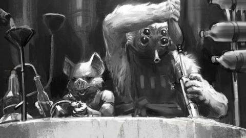 Two classic Star Wars creatures tend bar in a black-and-white sketch. One has fox years and a pig snout, the other four eyes and a hornlike snoot for a mouth.
