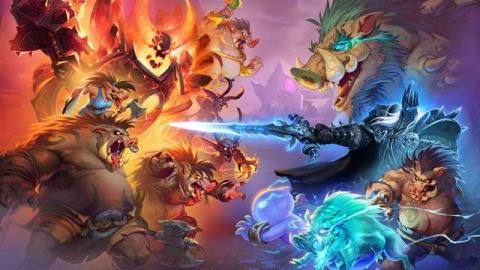 Hearthstone patch 20.2 key art, showing a cast of characters from Warcraf tbattling alongside angry boar-men known as Quilboars.