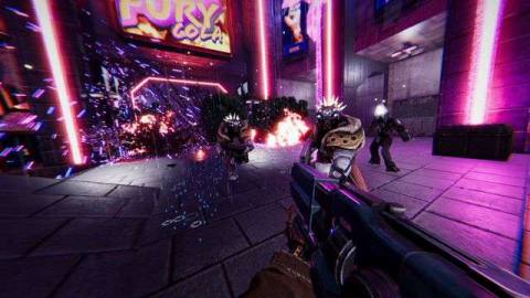 A screenshot from Turbo Overkill where the player is shooting cyber criminals amid purple neon lighting