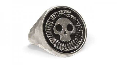 A ring with a skull on it, surrounded by a snake eating its own tail.