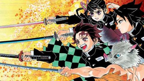 A beautiful drawing of the four main character of Demon Slayer running into battle, swords blazing