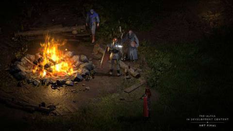 Diablo 2 characters around a campfire