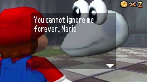 An image of Mario staring down Fingore, a fake Mario character. The text on the screen reads: You cannot ignore me forever Mario. 