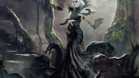 A member of Witherbloom stands on the edge of a swamp, dark creatures at her heels.