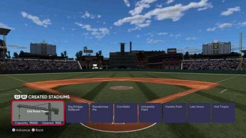 Menu screen showing a view of the fictional “Old Road Town” baseball park in MLB The Show 21