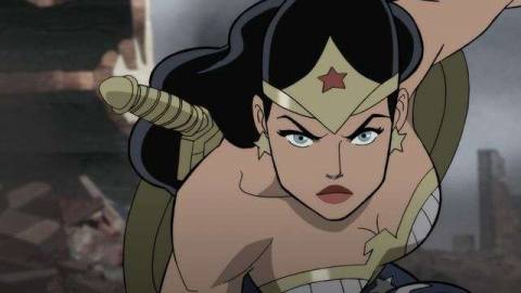 Wonder Woman glares at the camera in the WWII era in Justice Society: World War II. 