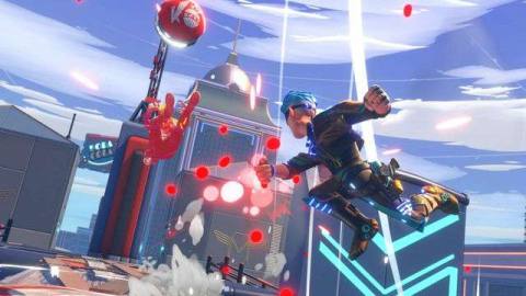 A futuristic-looking player knocks someone backward with a punch, sending a dodgeball flying up into the air