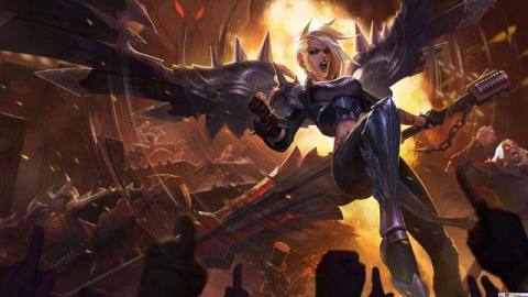 League of Legends - splash art for Pentakill Kayle, depicting a young woman with metal wings rocking out.
