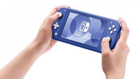 Two hands holding a cool blue Nintendo Switch Lite system