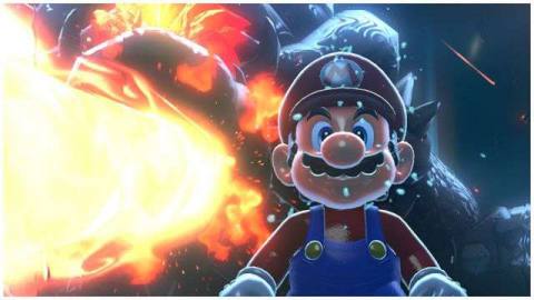 Mario is about to be murdered by a giant Bowser in Bowser’s Fury.